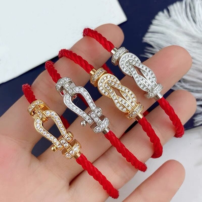 Bangles Bracelet f Family Horseshoe Clasp Rope 925 Sterling Silver Plated 18k Gold Inlaid Diamond Red 8-character Jewelry-image-725506164