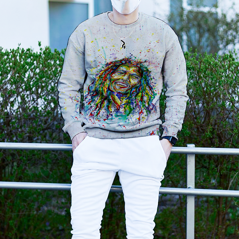 

Men's sweater autumn and winter graffiti rap rock pattern casual shirt punk goth round neck high-quality sweater hoodie, Black