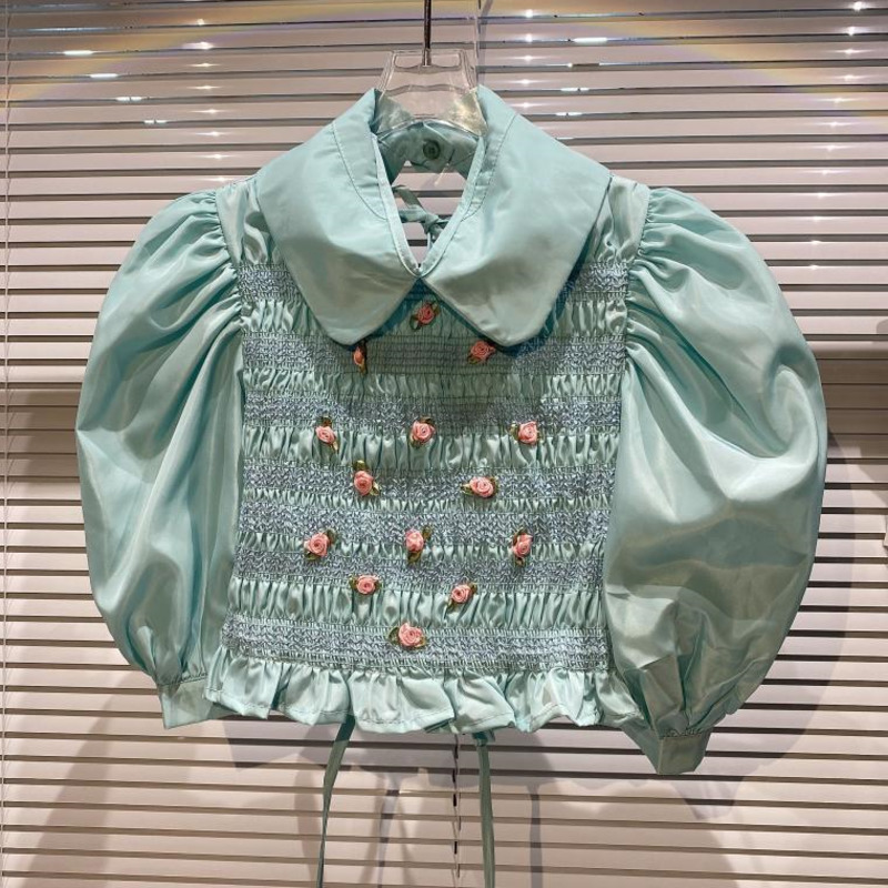 

Summer Fashion Turn-down Collar Three Quarter Sleeves Pleated Bandage Pullover Short Top Female WR55106L 210525, Light blue