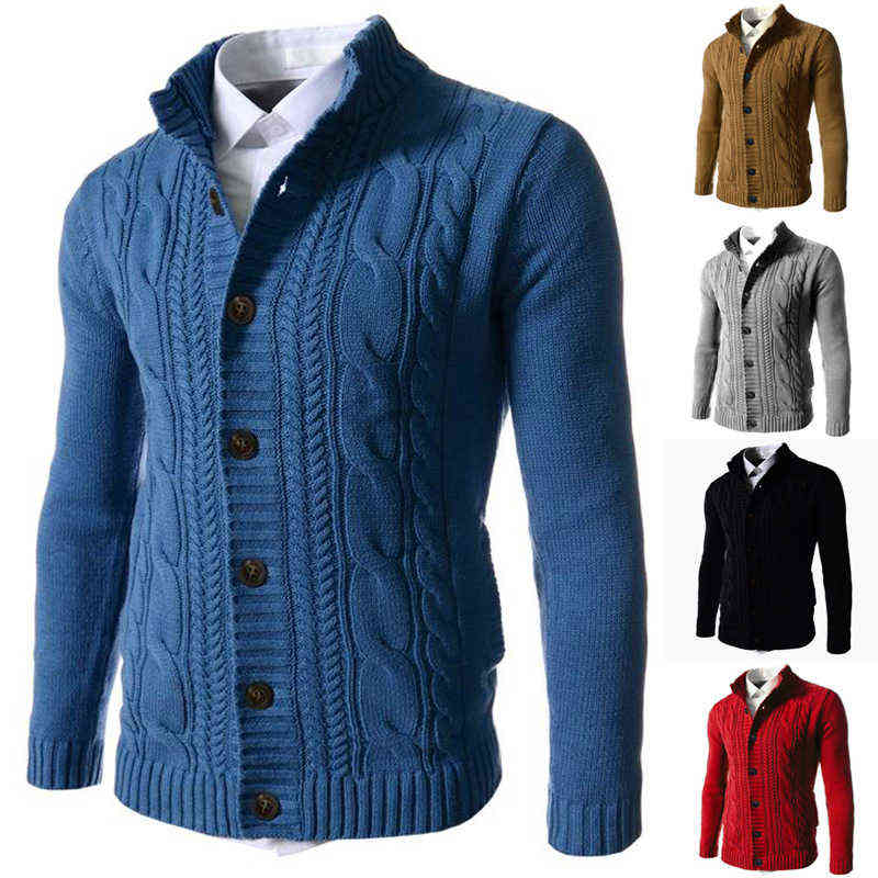 

Plus Size -4XL Solid Color Cardigan Sweater Men Autumn Winter Knitted Jackets Coat Stand Collar Warm Thick pull homme 211109, Gn