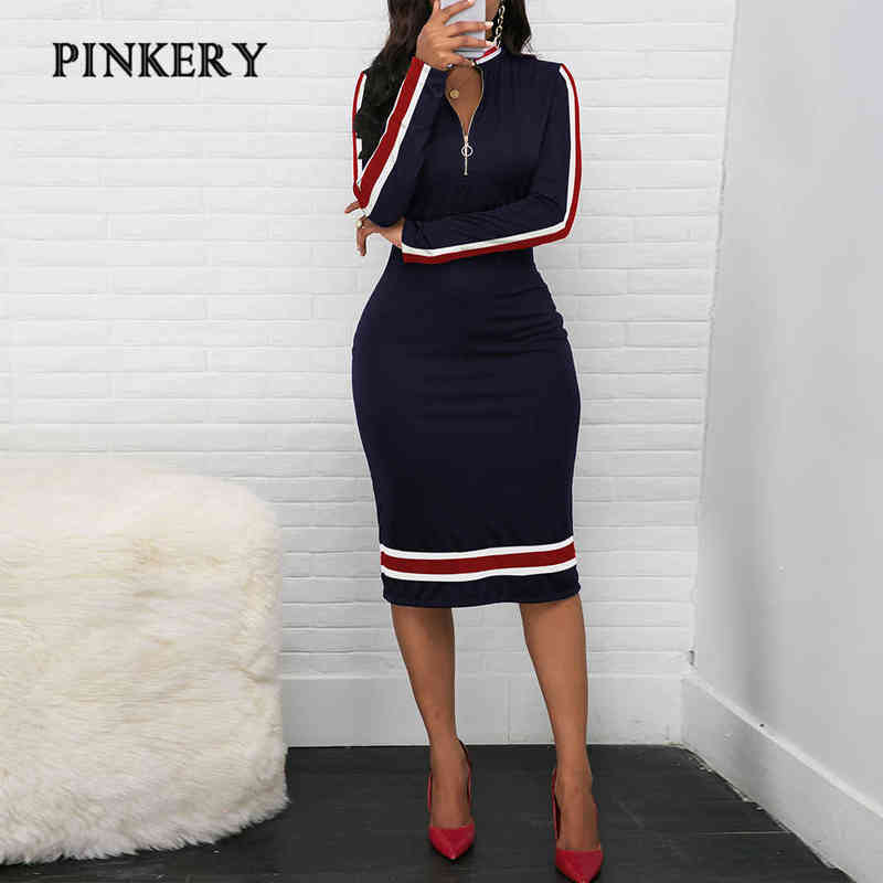 

2020 Spring Women Long Sleeve Sport Style Dress Silver Zipper Half Neck Stripe Color Matching Dress Stretch Bodycon D30 G1223, Navy blue