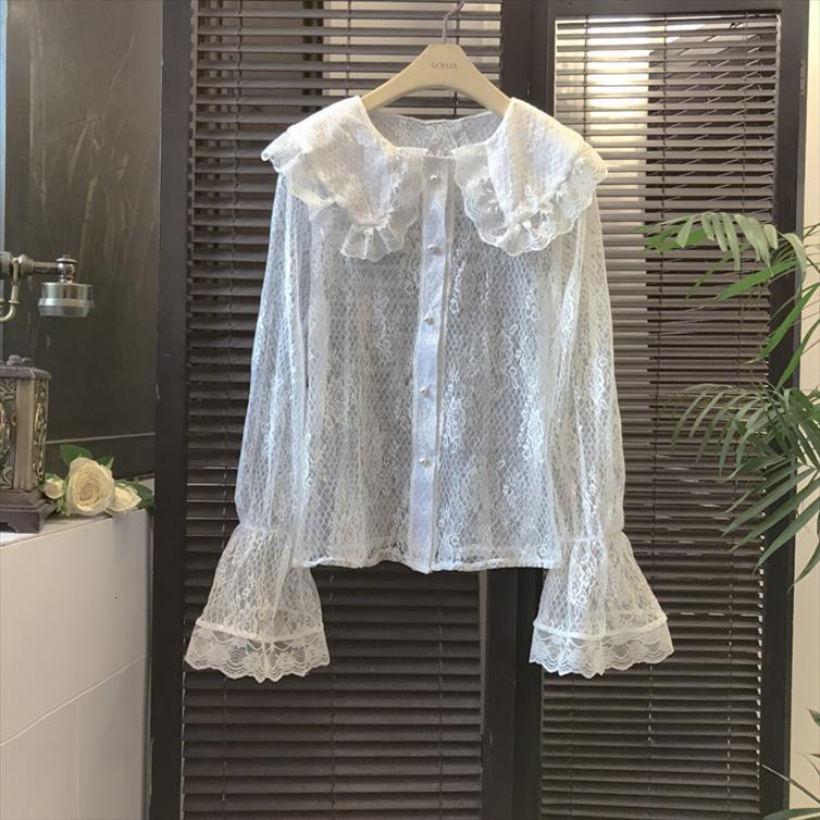

sweet lace transparent hollow out womens shirt tee girls full flare sleeve peter pan collar female, White
