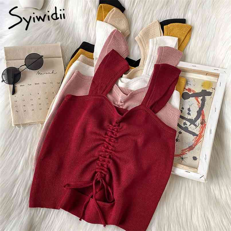 

Knitted Shirring Camis Women Casual Lace Up Solid White Black Tank Tops Spring Summer Fashion Short Clothing 210607, Red