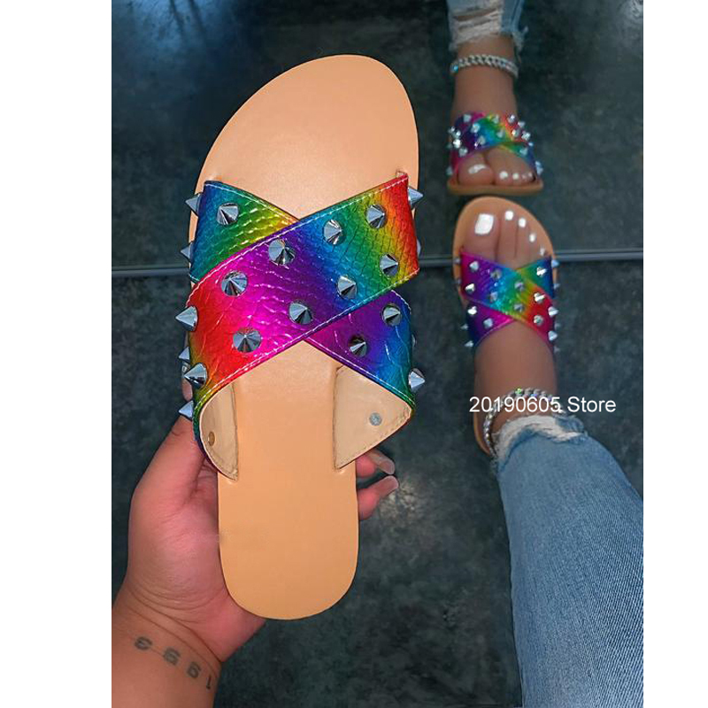 

Fashion sexy rivet cross color matching 2021 summer new style Roman style outdoor female slippers Plus Size Beach Slippers, Orange