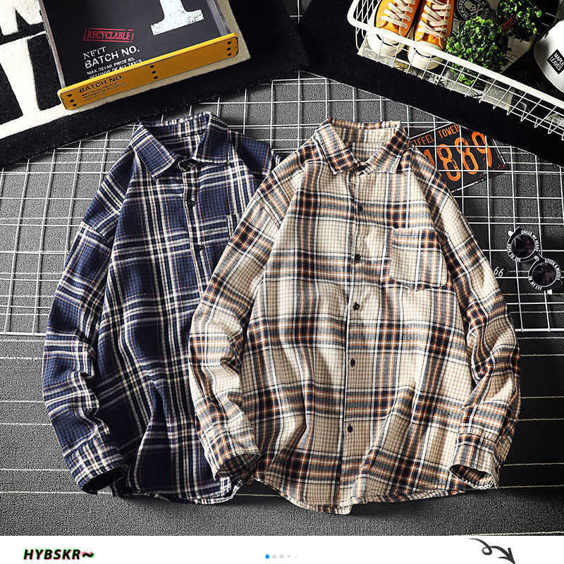 

HybskrM Autumn Fashion Plaid Shirts For Men Long Sleeve Casual Blouse Plus Size Men's Oversized Checked Shirt Tops 5XL 210628, Apricot