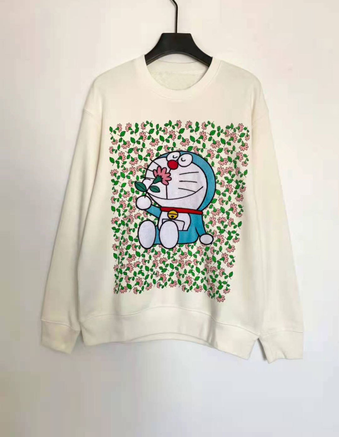 

Doraemon embroidery co branded 2021 early spring new cartoon animation flower printing couple's clothes, Black