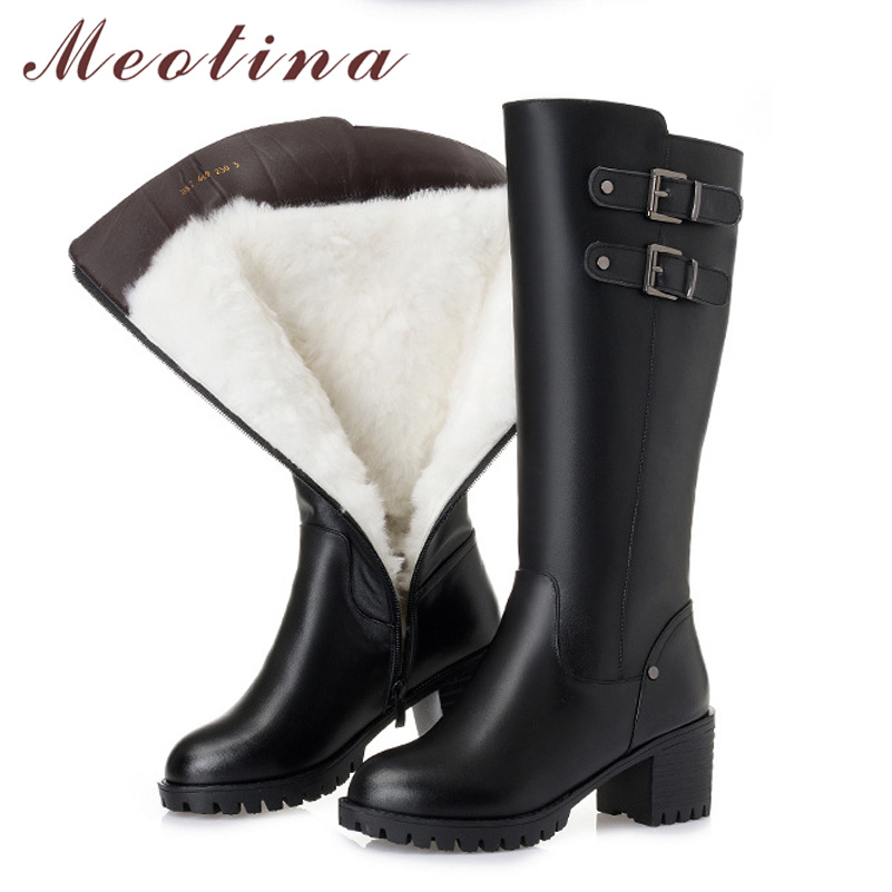 

Meotina Real Wool Fur Natural Leather Platform High Heel Knee High Boots Women Shoes Zip Buckle Thick Heels Long Boots Lady 43 210520, Black velvet lining