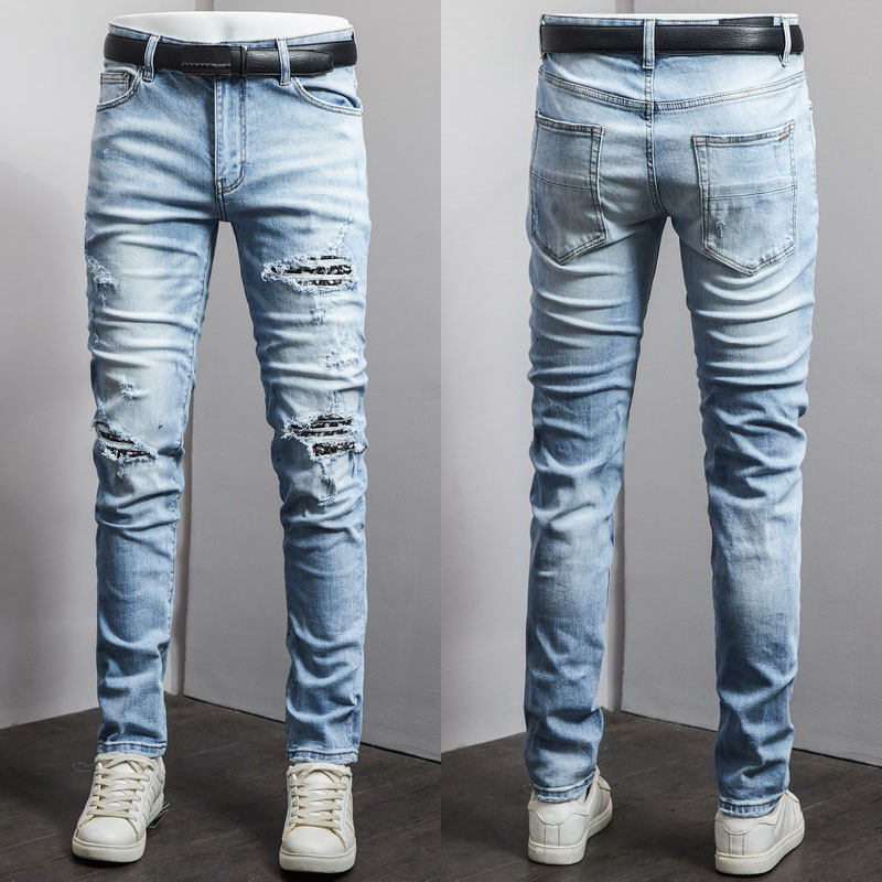 

Men's Jeans Vintage Heavy Craft Washed Fashion Trend Skinny Leg Fit Stretch Denim Pants Multi Patchwork Cowboy, Amr-8288
