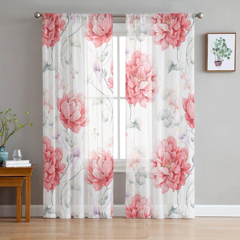 

Curtain & Drapes Pink Watercolor Flowers Sheer Curtains Living Room Bedroom Decoration Kitchen Tulle