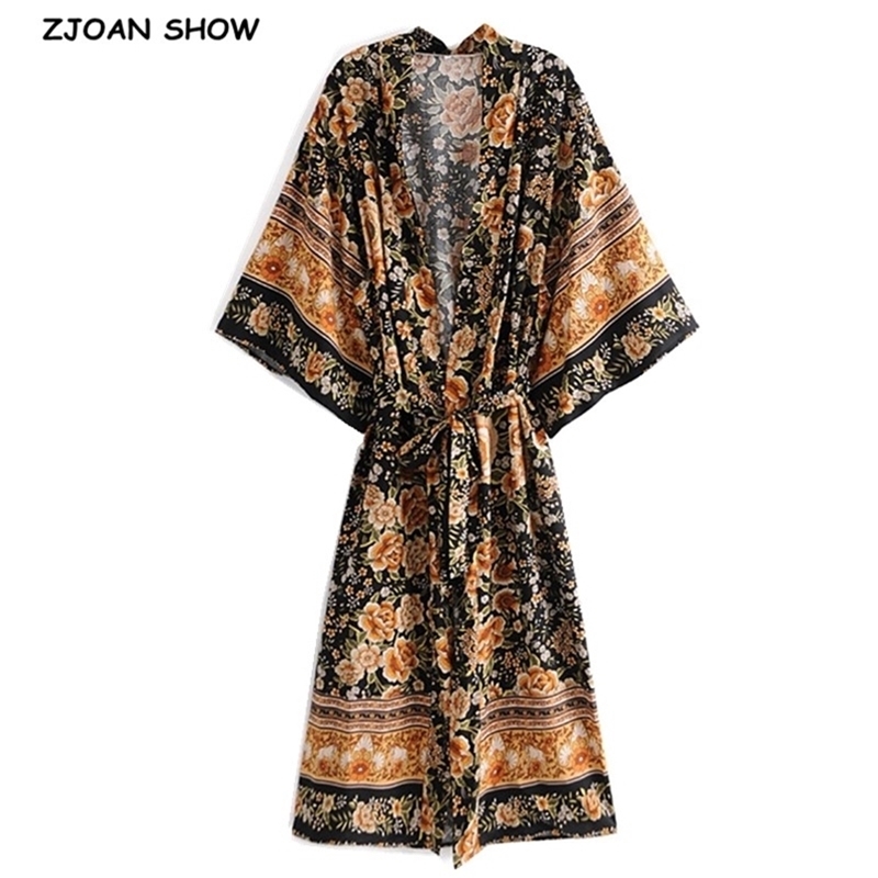 

Bohemia V neck Orange Flower Print Long Kimono Shirt Black Ethnic Women Lacing up Bow Sashes Cardigan Loose Blouse Tops 210719