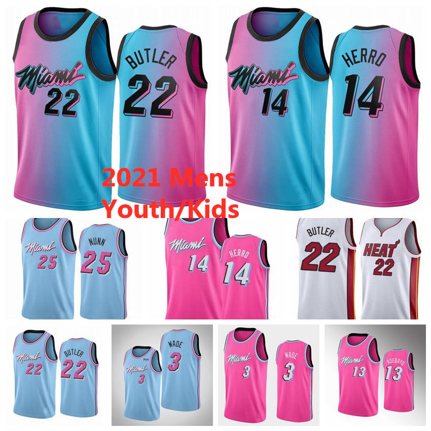 

Mens Kid Youth 14 Tyler Herro Basketball Jeresy Dwayne 3 Wade Jimmy 22 Butler Bam 13 Adebayo Jerseys 2021 Swingman City Blue Edition Black Pink S-XXXL, Black;red