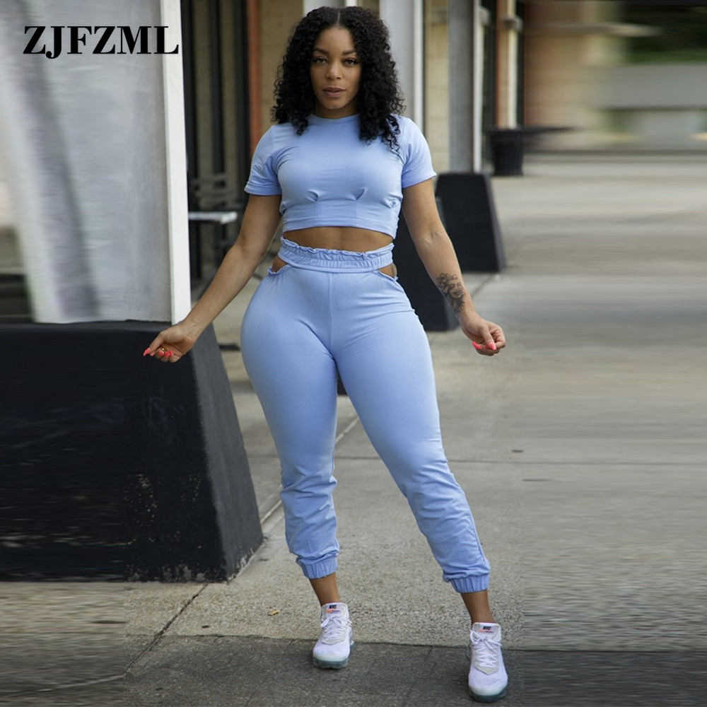 

Go Out Wear Two Piece Pant Suit Women High Street Short Sleeve Slim Fit Crop Top and Elastic Waist Side Cut Out Trouser 2021, Blue