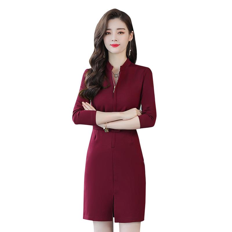

Casual Dresses 2021 Autumn Pattern European Self-cultivation Thin Fashion Temperament A Step Vent Long Sleeve Dress, Black