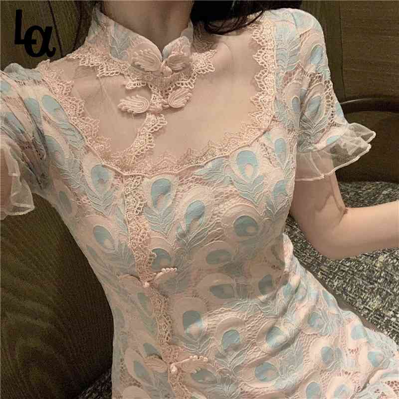 

Summer Vintage Chiffon Dress Women Elegant Pretty Party Kawaii Female French Caual Lace Holiday Print Sweet 210519, Pink