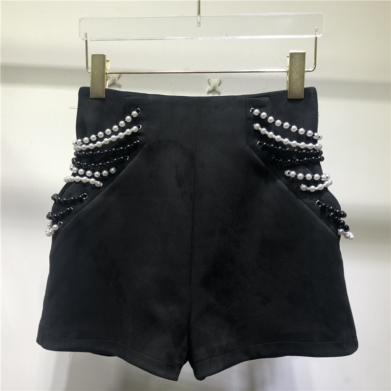 

Spring Arrivals Solid Color High Waist Beading Tassel Decoration Elastic Wide Legs Shorts MZ550 210525, Black