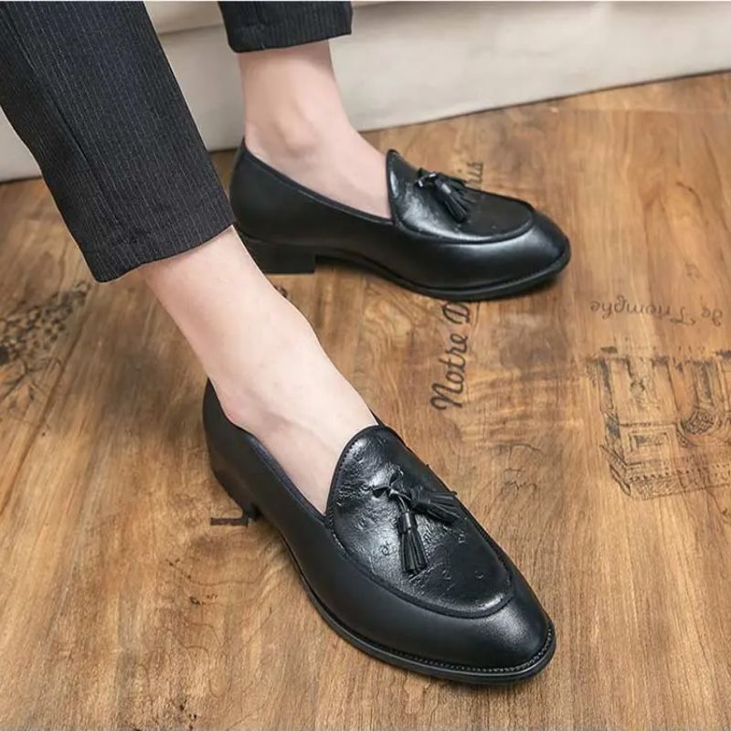 

Lefu Shoes Mens PU Leather Ankle Solid Color Overshoot Round Head Flat Heel Fashion Tassel Decoration Classic Versatile Chaussure Homeme DH774, Black