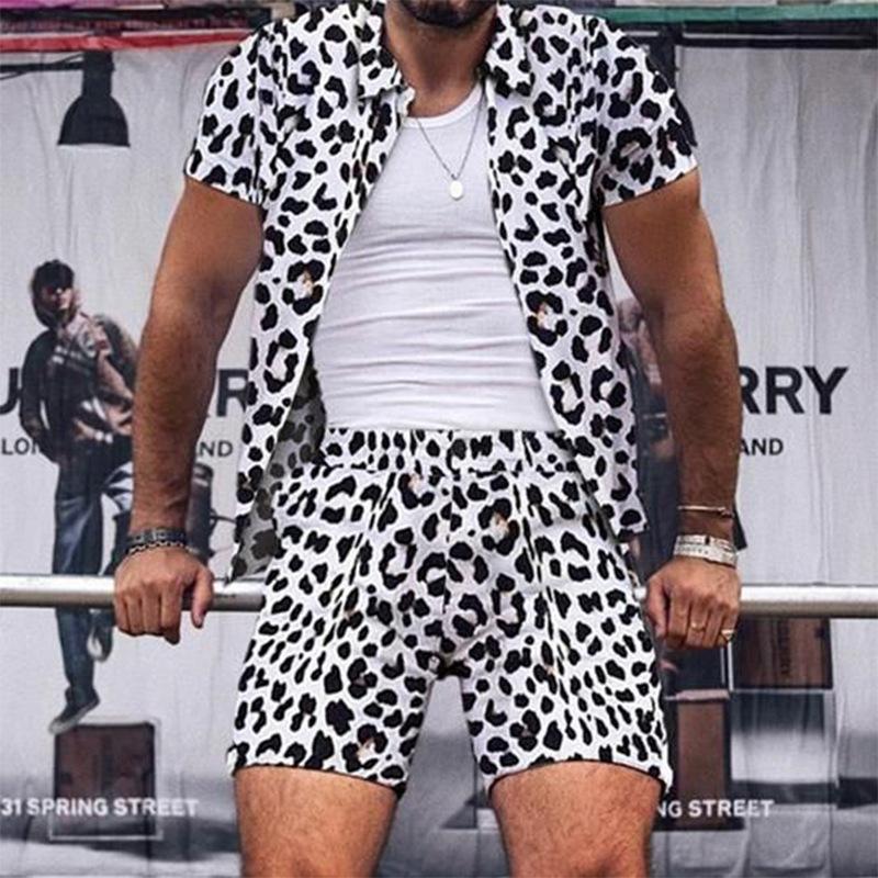 

Men' Tracksuits Men Clothes Trend Sets Leopard Print Two Piece Outfits Street Casual Printing Short-sleeved Shirt Shorts Fashion Suit, Photo-color