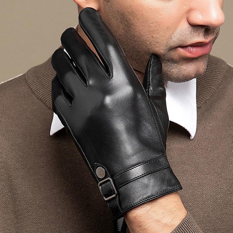

Five Fingers Gloves Men' Autumn Winter Warm Genuine Leather Male Natural Sheepskin Touchscreen Driving Glove R200, Blue;gray