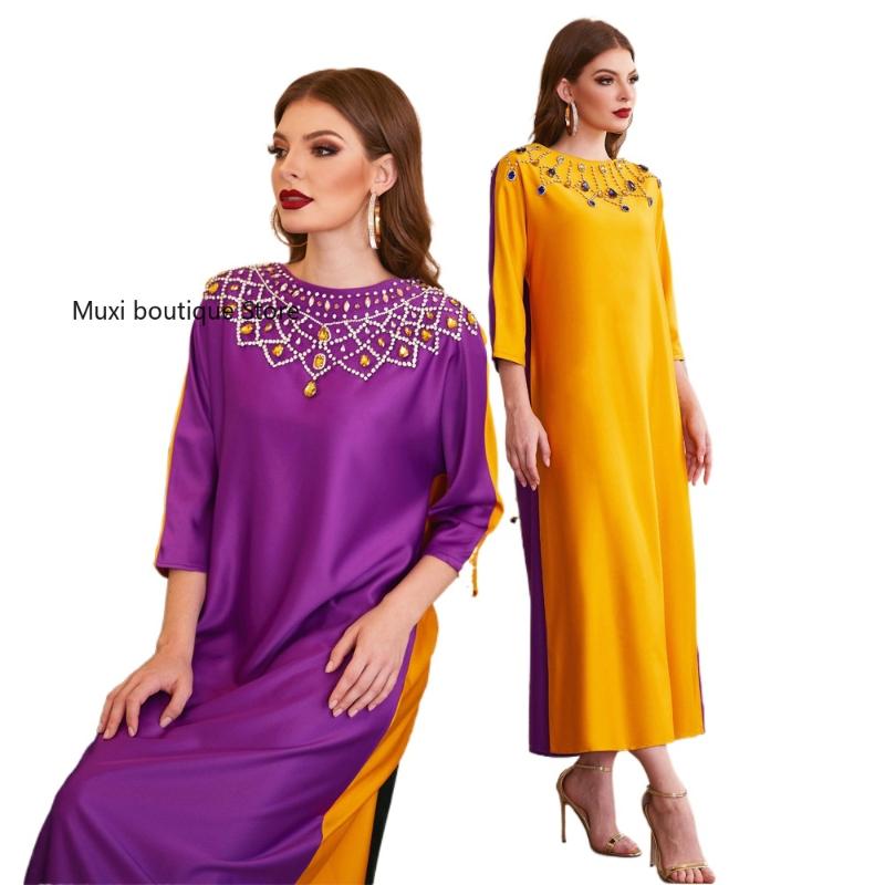 

Casual Dresses Muslim Satin Women Abaya Contrast Double Side Hand Stitched Arab Robe Long Diamond Loose A-line Middle East Dubai, Noble purple and