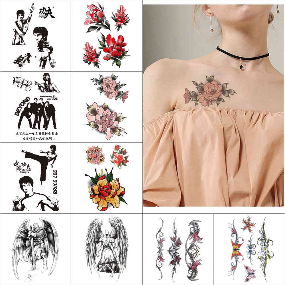 

Black temporary fake sticker angel deity watercolour flower Chinese kung fu Bruce lee Men's women body art tattoo