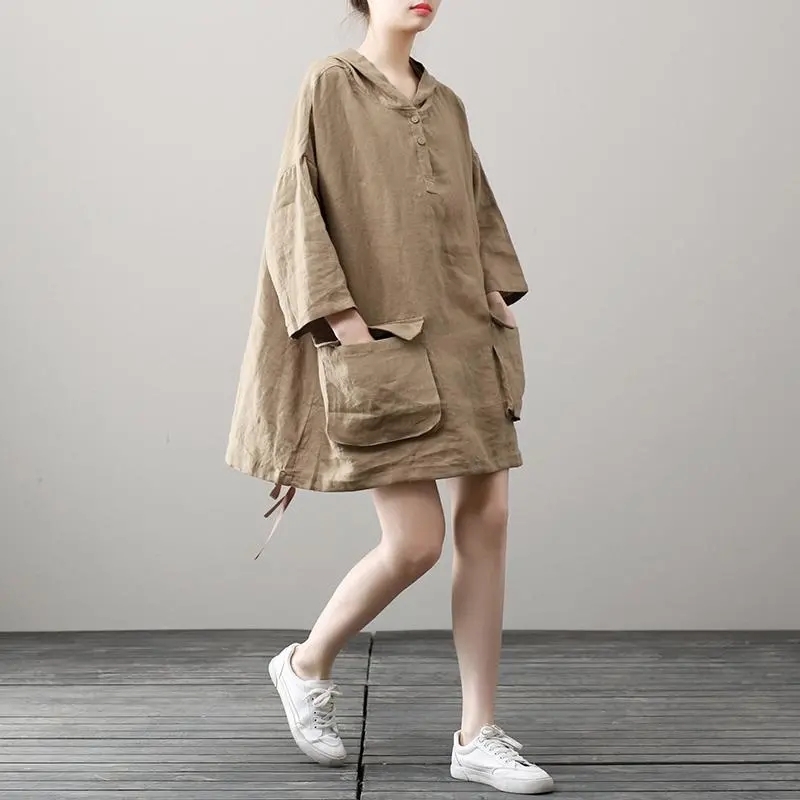 

Johnature Women Hooded Pullover Dresses Loose Patchwork Pockets Button Spring Seven Sleeve Casual Linen Shirt Dresses 210521, Khaki