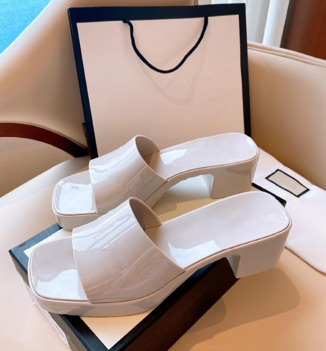 

2021 Women Sandals Fashion High Heels Rubber Slide Sandal Platform Slipper Chunky heel height Shoes Summer Slides Embossed Jelly Slippers with box, 001