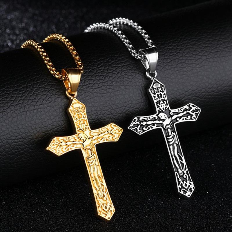 

Pendant Necklaces Christian Orthodox Crucifix Jesus Necklace Russian Cross Prayer Big Gold Color INRI Men
