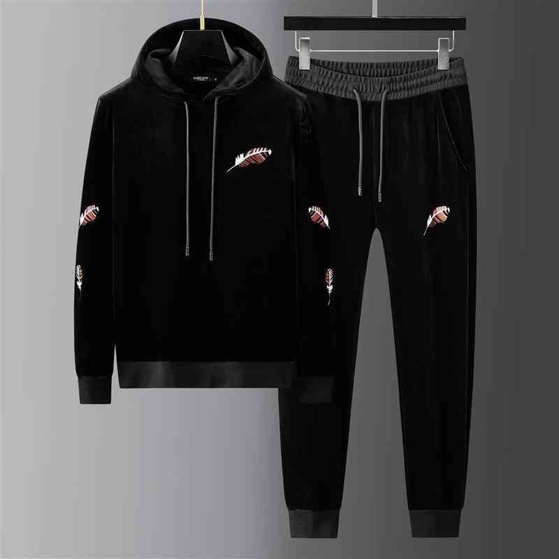 

Men's Tracksuits Autumn and winter leisure sports suit men's double-sided velvet feather embroidery Hoodie simple classic DOV1, 1# shoe box