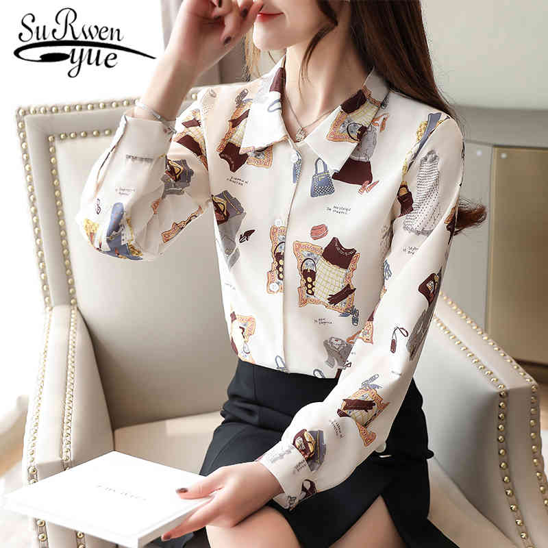 

High Quality Blouses Fashion Long Sleeve Vintage Chiffon Blouse Elegant Office Lady Clothes Casual Ladies Top Shirt 7129 50 210521, Picture