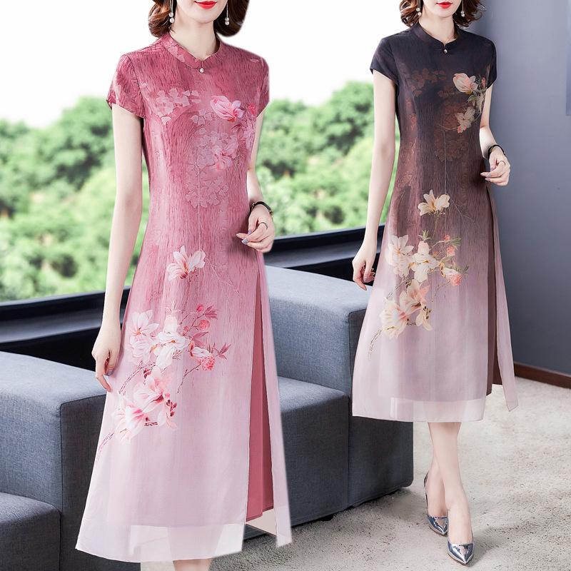 

Chinese Style Dress For Women Long Summer 2021 Ladies Improved Cheongsam Printed Imitation Silk RV55 Ethnic Clothing