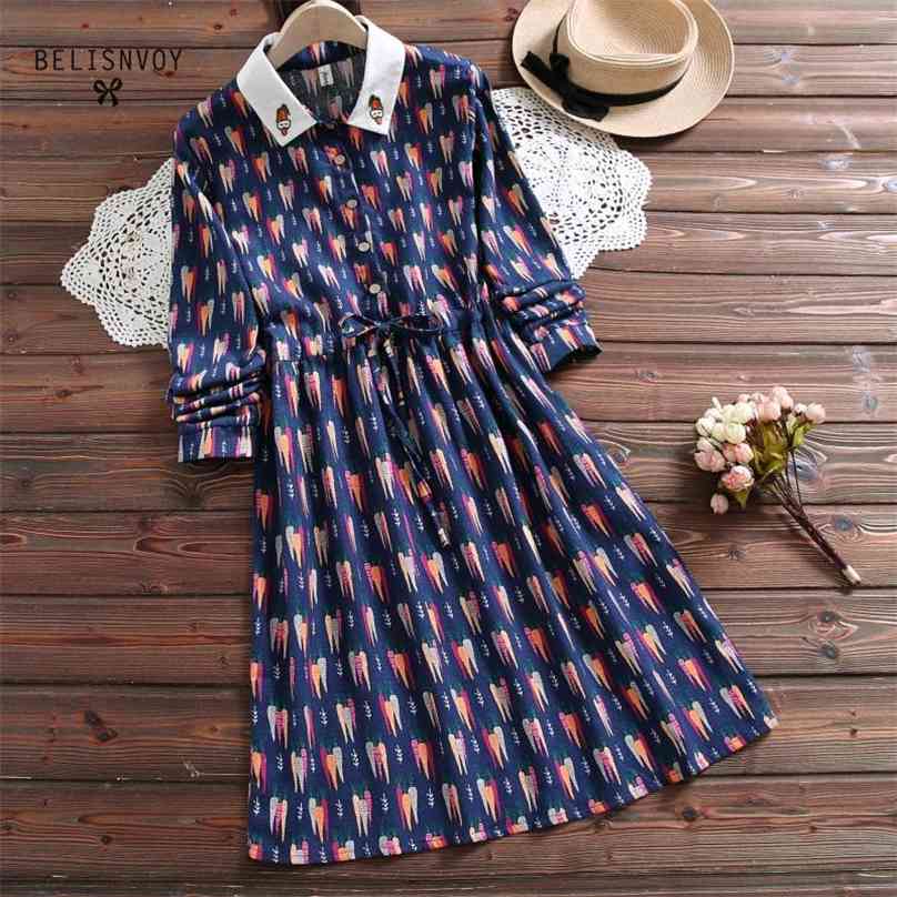 

Preppy Style Autumn Women Dress Turn-Down Collar Carrot Embroidery Lace Up Vestidos De Festa Long Sleeve Elegant Cute 210520, Brown