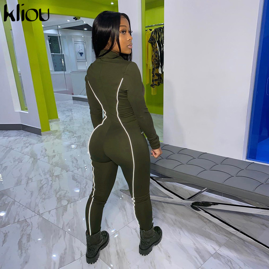 

2011kliou reflective striped patchwork jumpsuit women 2021 autumn skinny zipper fitness active streetwear work out playsuit rompers, Black;white