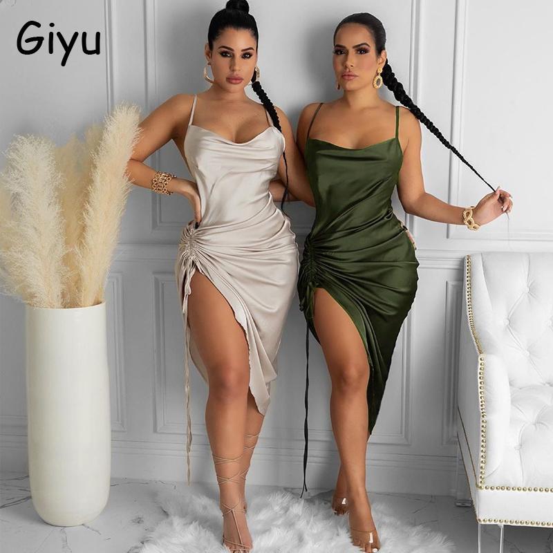 

Giyu Irregular Satin Dress Women Club Party Sexy Spaghetti Strap Backless Drawstring Ruched Dresses 2021 Summer Elegant Vestidos Casual, Black;gray