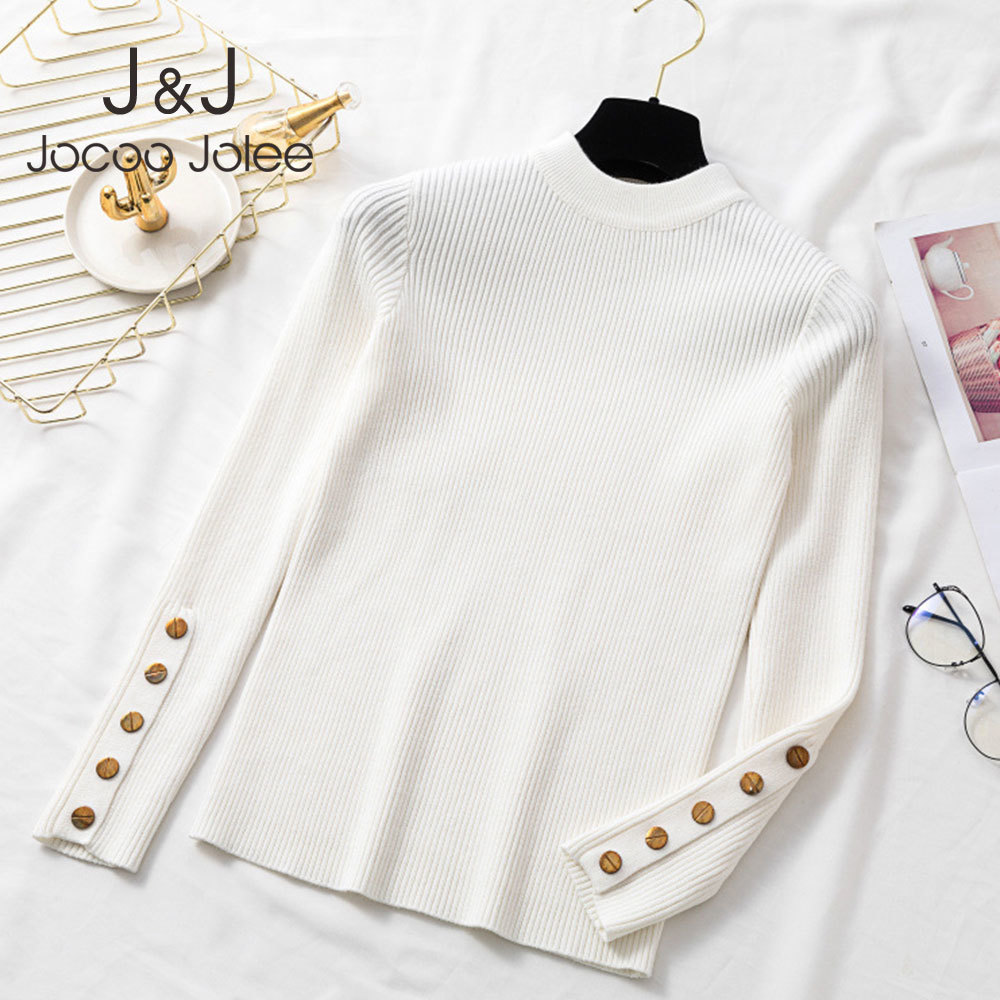 

Elegant Korean Button Long Sleeve O Neck Sweater Women Winter Casual Solid Knitted Pullovers Thick Warm Elasticity Jumpers Tops 210518, As photo
