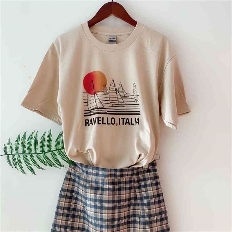 

Sunset Print Cotton T Shirt Woman Ravello Italia Letter Short Sleeve Loose ops Elegant Summer Casual ee 210512, Khaki