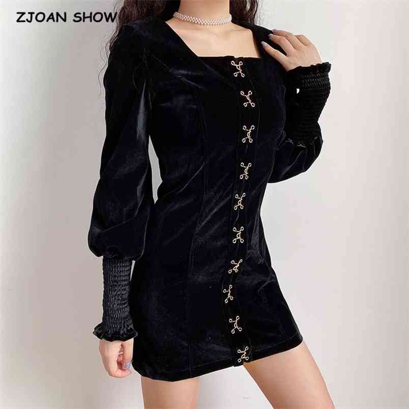 

Sexy Square collar Long sleeve Velvet Women Mini Dress Ladies Center Hook Buttons Package Hips Velour Party Dresses 210429, Black