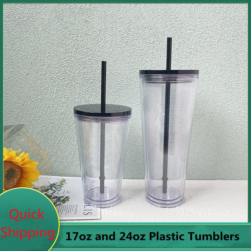 

Clear 24oz Plastic Flat Lid Water Tumblers with Straw Double Walled Reusable Portable 710ml Office Coffee Mug Transparent 16oz Acrylic Drinking Cups DIY Custom Logo