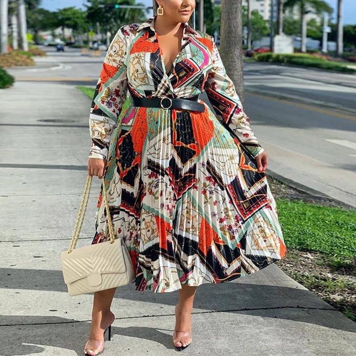 

Casual Dresses Autumn Fashion Long Sleeve Print Women Dress Pleated High Waist Deep V Neck Elegant For Work Business Robe Vestidos Midi, Print dress