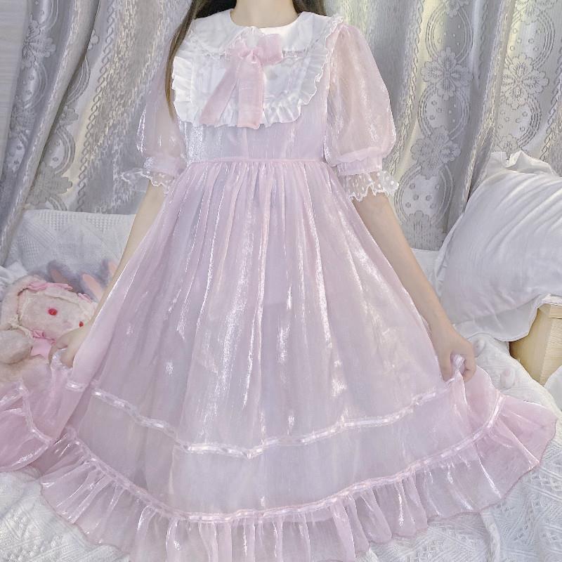 

summer womens dresses lolita sweet cosplay dress teens peter pan collar cute kawaii soft shirt girl pink puff sleeve ruffle, Black;gray