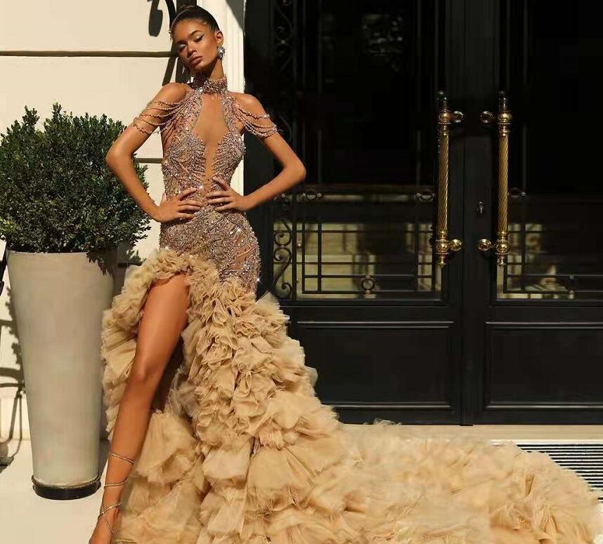 

Women dress Yousef aljasmi Evening dress High-neck Lace Gold Crystals Tassel Mermaid Split Long Labourjoisie Kim kardashian kylie jenner, Customize