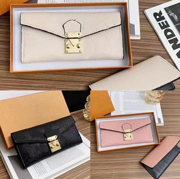 

2022 Leather Long Section Lady Wallet Fashion Designer Envelope Metallic Hasp Three Colour Wallet Classic Card Pack, Pink