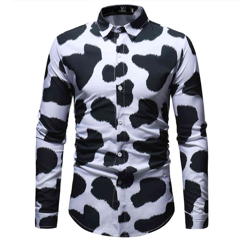 

3D Cow Pattern Print Long Sleeve Shirt Men 2020 New Slim Fit Mens Dress Shirts Casual Button Down Camisas Para Hombre 3XL, White;black