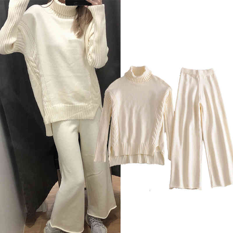 

Women's Suits & Blazers Autumn Women 2pcs Loose turtleneck sweater Wide leg pants Womens casual fashion knit suit pullover trouser