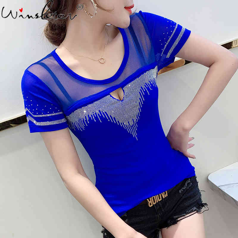 

Women' T-Shirt Summer Korean Style Girls Fashion Sexy O-Neck Mesh Hollow Out Women Tops Short Sleeve Shiny Diamonds Tees 2021 T12, Black t shirt