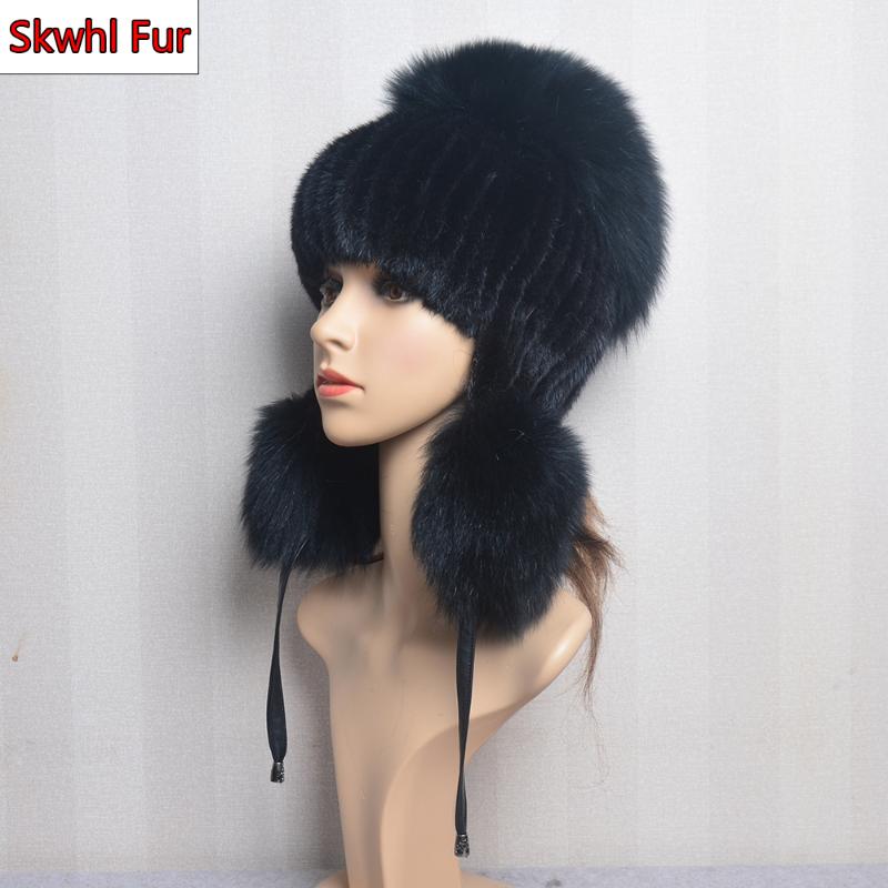 

Berets Luxury Woman Autumn Winter Mink Knit Bomber Hat Thick Female Fluffy Pompom Outdoor Warm Windproof Earflap Trapper Snow Ski Caps, Black