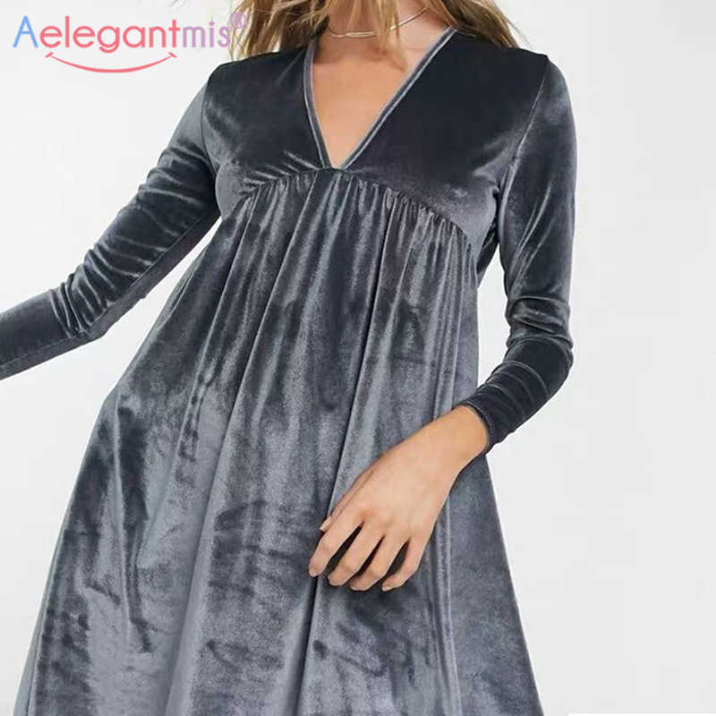 

Aelegantmis Vintage Velvet Dress Women V Neck Korean Loose Mini Long Sleeve Soft Solid Cozy Sexy A Line Vestido Mujer Chic 210607, As shown
