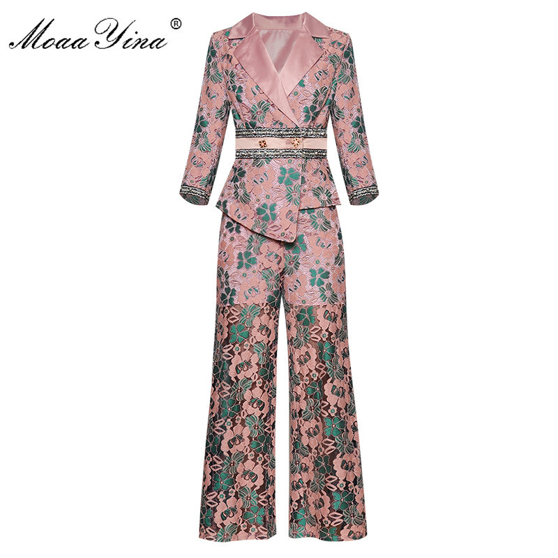 

Fashion Designer Set Autumn Winter Women 3/4 sleeve Asymmetrical Suit Tops+Straight trousers Lace Print Two-piece suit 210524, Multi