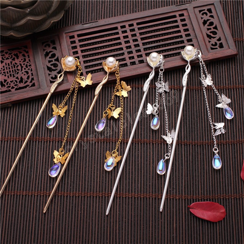

Chinese Style Crystal Tassel Metal Hair Stick Hairpin Butterfly Hair Pins Clip Step Shake Hair Chopsticks Wedding Party Headwear, Mixed color