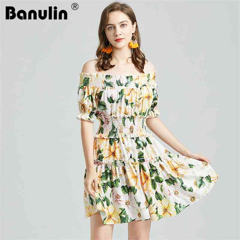 

Banulin Summer Runway Floral Print Short Dress Women Off Shoulder Slash Neck Ruffles Elastic Waist Beach Mini Vestido 210603, Yellow
