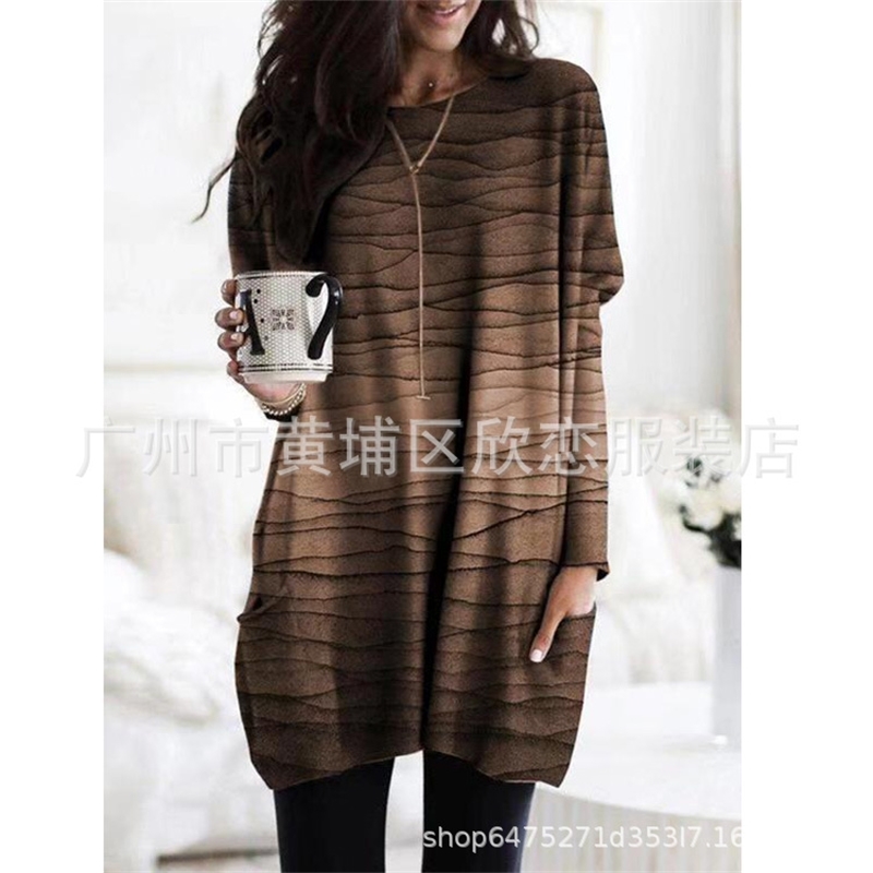 

2020 new long sleeve round neck loose print dress for women, Gray